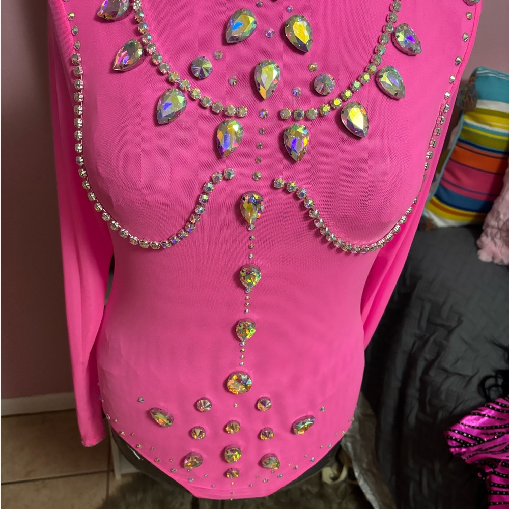 Custome made hand rhinestones baby pink bodysuit